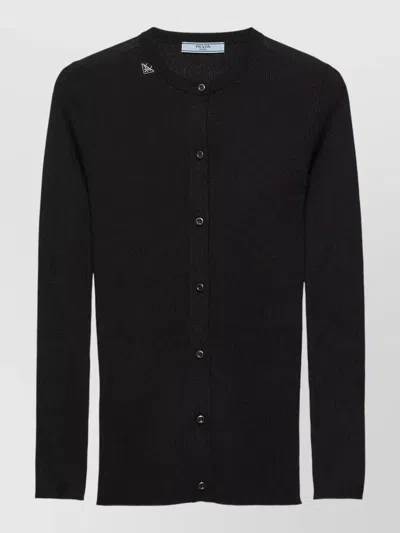 Prada Wool Crew Neck Knit Long Sleeve Sweater In Black