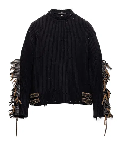 PRADA WOOL CREW-NECK SWEATER WITH FRINGE AND STUDS