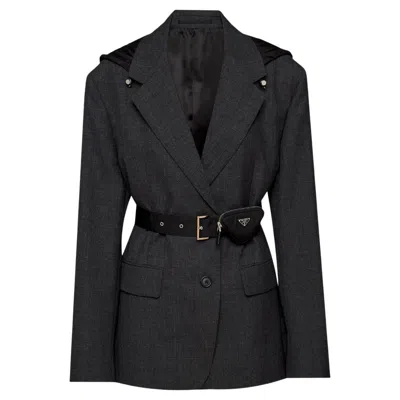 Pre-owned Prada Wool Hooded Gabardine Jacket With A '' Triangle Logo Pouch In Black