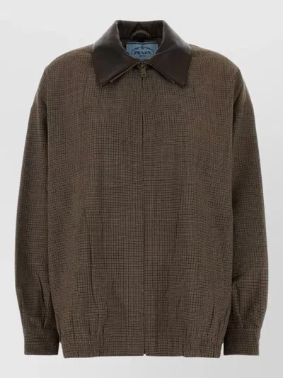 Prada Wool Jacket Check Pattern Long Sleeves Collar In Brown