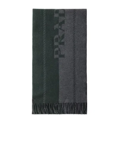 Prada Wool Jacquard-logo Scarf In Gray/green