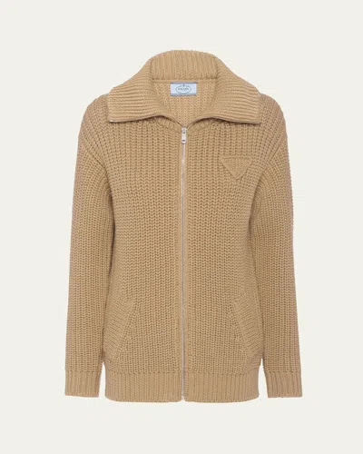 Prada Wool Knit Zip-up Cardigan In Cammello