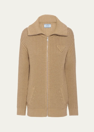 Prada Wool Knit Zip-up Cardigan In F0040 Cammello