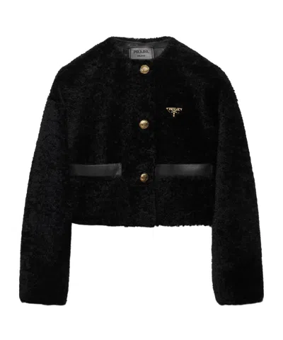Prada Wool Leather Jacket In Black