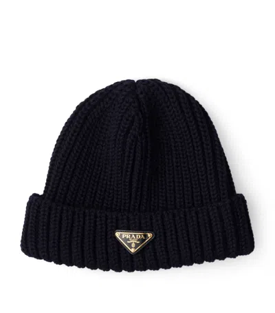 Prada Wool Logo Beanie In Black