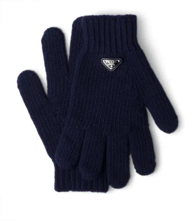 Prada Wool Logo Gloves In Blue