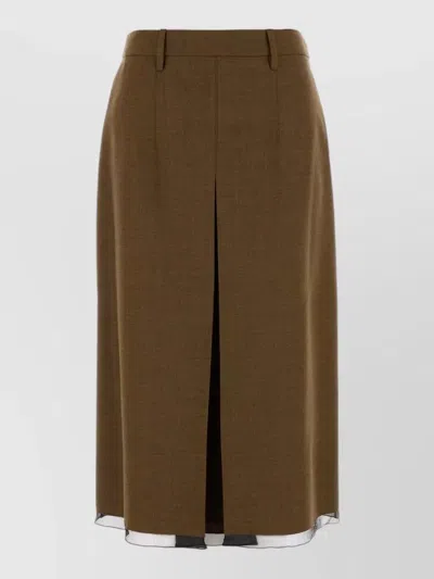 Prada Wool Midi Skirt High Waist Slit In Brown