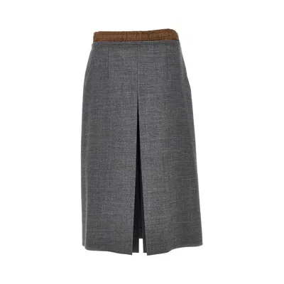 Prada Wool Midi Skirt With Underskirt In Grey