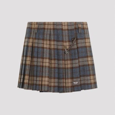 Prada Pleated Plaid Wool Miniskirt In Multi