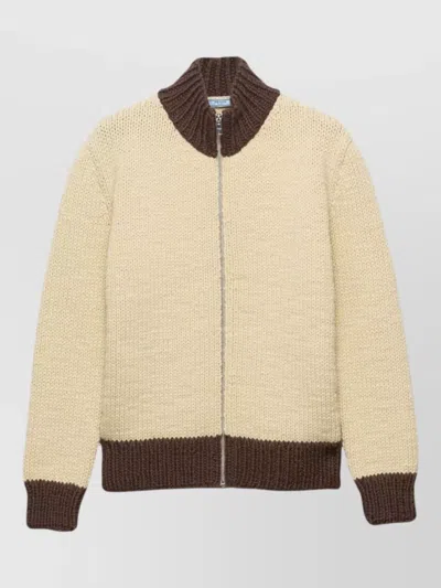 Prada Wool Oversized Mock Turtleneck Zip-up Cardigan In Neutral