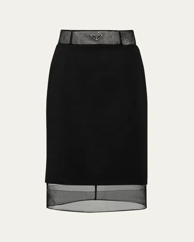 PRADA WOOL PENCIL MIDI SKIRT WITH CRINOLINE