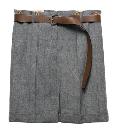 Prada Gessato Belted Paperbag Skirt In Grey