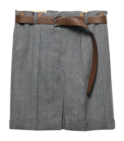 Prada Gessato Belted Paperbag Skirt In Grey