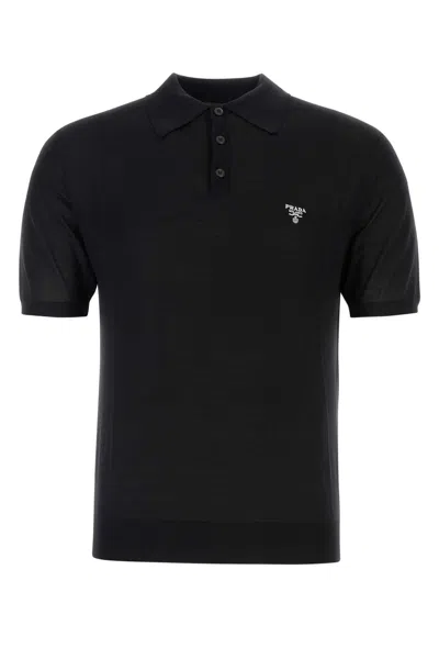 Prada Wool Polo Shirt With Short Sleeves And Ribbed Collar In Black