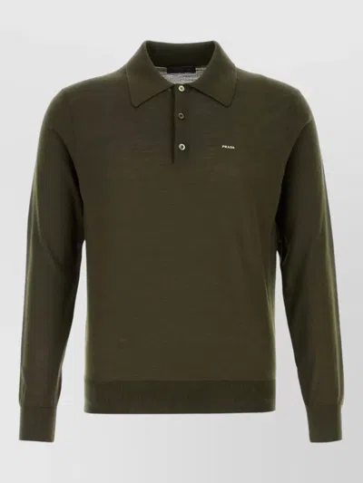 Prada Wool Polo Shirt Ribbed Cuffs Hem In Green