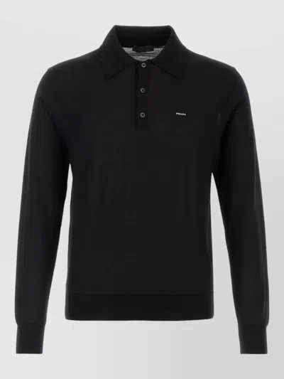 Prada Long-sleeved Knitted Polo Sweater In Black