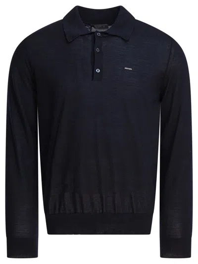 Prada Wool Polo Shirt With Long Slevees In Blue