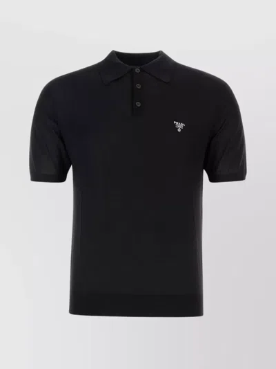 Prada Wool Polo Shirt With Short Sleeves And Ribbed Collar In Black