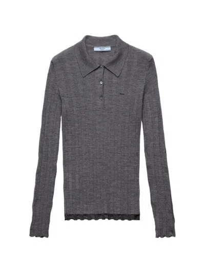 Prada Wool-blend Knit Polo Shirt For Women In Blue