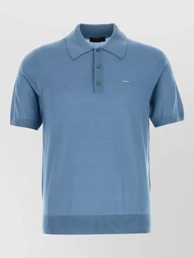 Prada Wool Shirt Polo Collar Ribbed Hem In Black