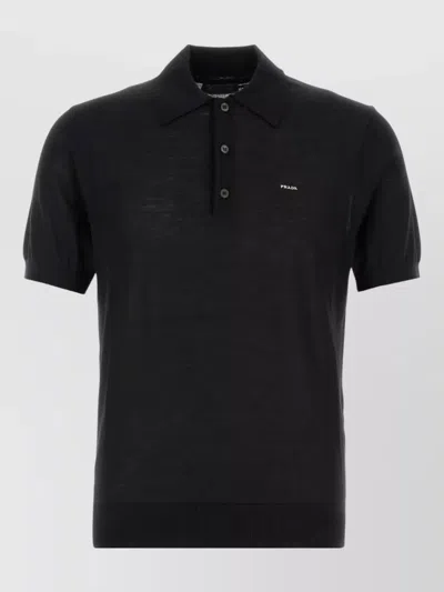 Prada Wool Shirt Polo Collar Short Sleeves In Black