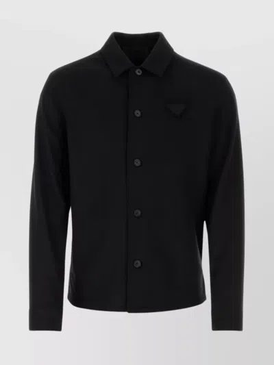 Prada Wool Shirt With Hemline Slits And Pointed Collar In Black