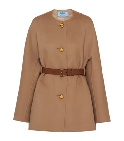 Prada Double Wool Leather Belted Caban Jacket In Brown