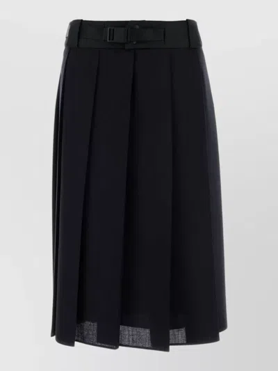 Prada Wool Skirt With Belted Waist And Pleats In Black