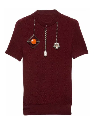 Prada Short-sleeved Wool Sweater With Pendants In Burgundy