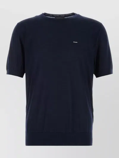 Prada Wool Sweater Short Sleeves Ribbed Hem In Black