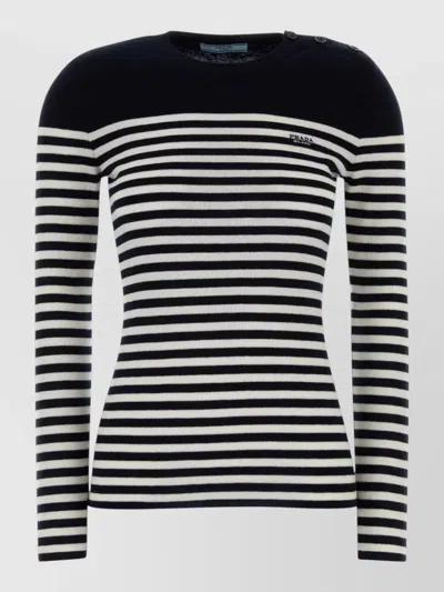 Prada Wool Sweater Striped Crew Neck Buttons In Black
