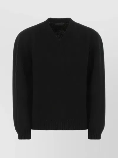 PRADA WOOL SWEATER WITH KNIT TEXTURE AND V NECKLINE