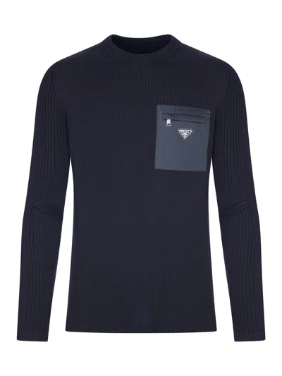 Prada Wool Sweater With Re-nylon Pocket In Blue