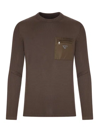 Prada Wool Sweater With Re-nylon Pocket In Brown