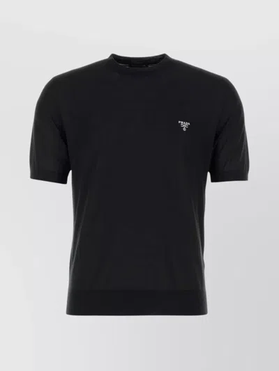 Prada Embroidered-logo Wool T-shirt In Black