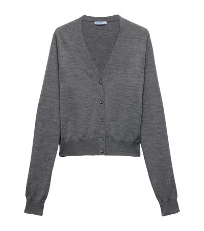 Prada V-neck Lightweight Knit Wool Cardigan In Gray