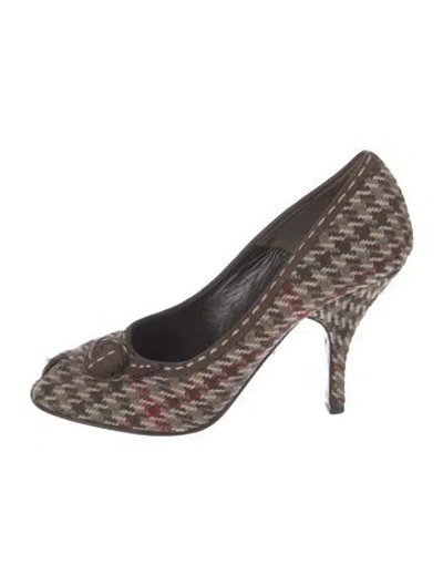 Pre-owned Prada Wool Tweed Pattern Pumps In Brown