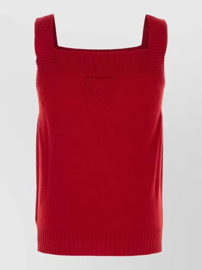 Prada Wool Vest Knit Texture Ribbed Hem In Red