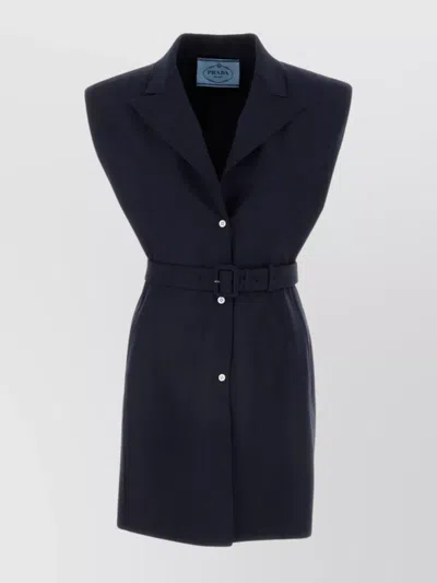 Prada Wool Waistcoat With Belted Waist And Notched Lapels In Blue