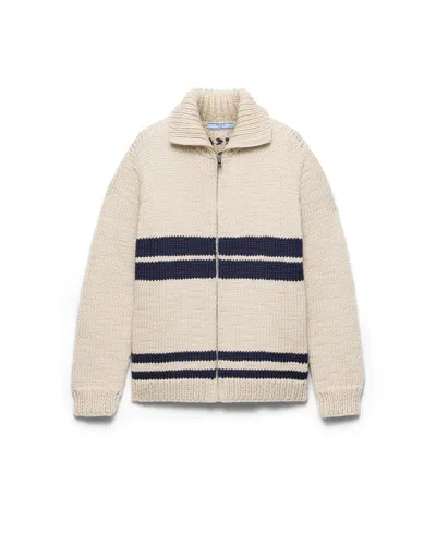 Prada Wool Zipper Cardigan In Ivory/blue