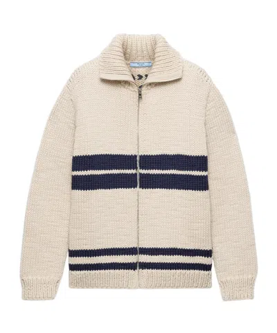 Prada Wool Zipper Cardigan In Neutral