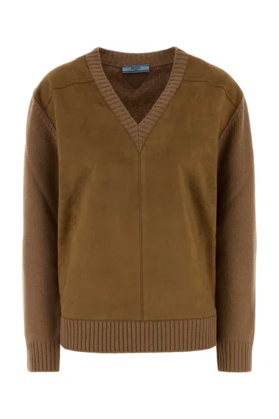 Prada Wool-cashmere Blend Knit Sweater In Brown