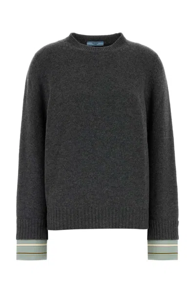 Prada Grey Solid Crew Neck Sweater In Gray