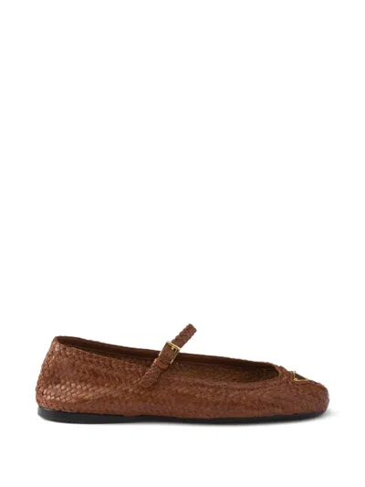 Prada Woven Ballet Flats In Brown