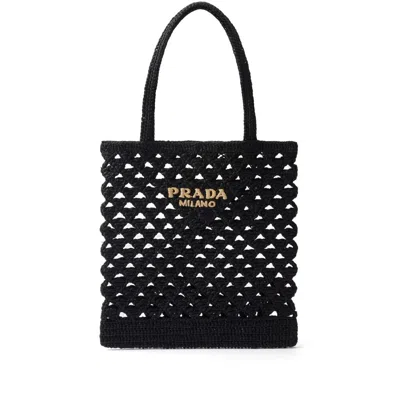 Prada Woven Crochet Tote Bag In Black