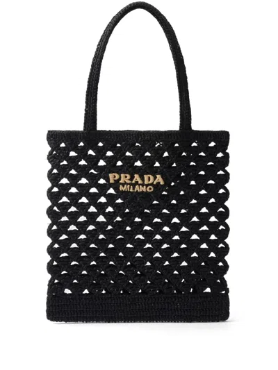 Prada Woven Crochet Tote Bag In Black
