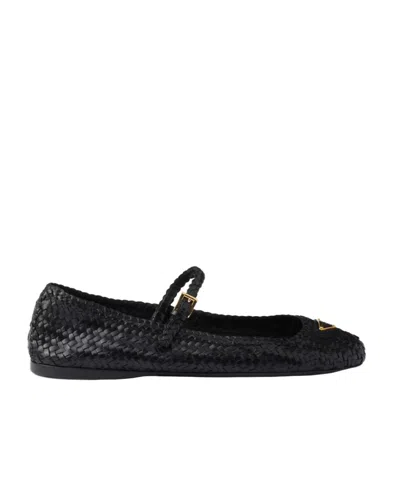 Prada Woven Leather Ballerinas In Black