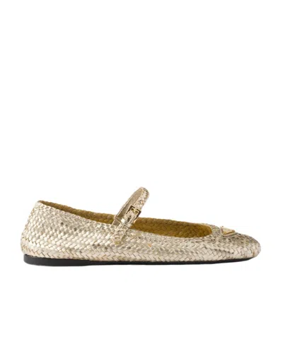 Prada Woven Leather Ballerinas In Brown