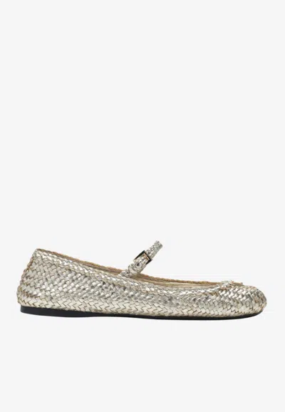 Prada Woven Leather Ballet In Silver
