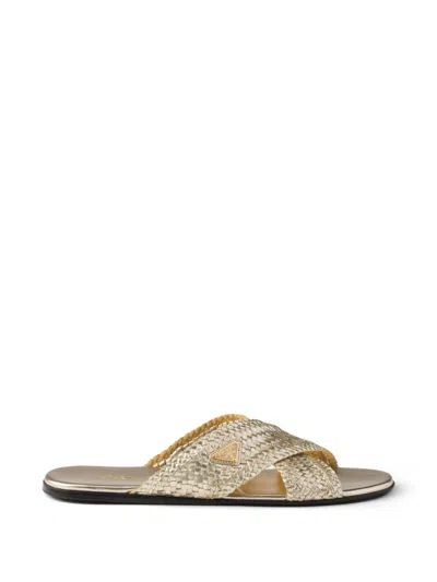 Prada Woven Leather Crisscross Slides In Gold